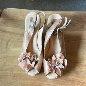 Kork-Ease Copper Metallic Platform Wedge Shoes with flower adornment